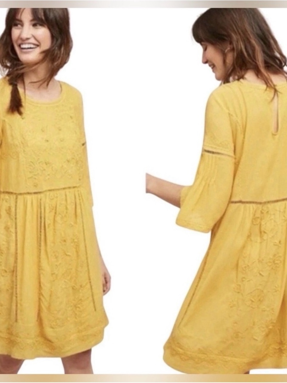 Anthropologie Akemi & Kim Yellow Embroidered Mini Dress